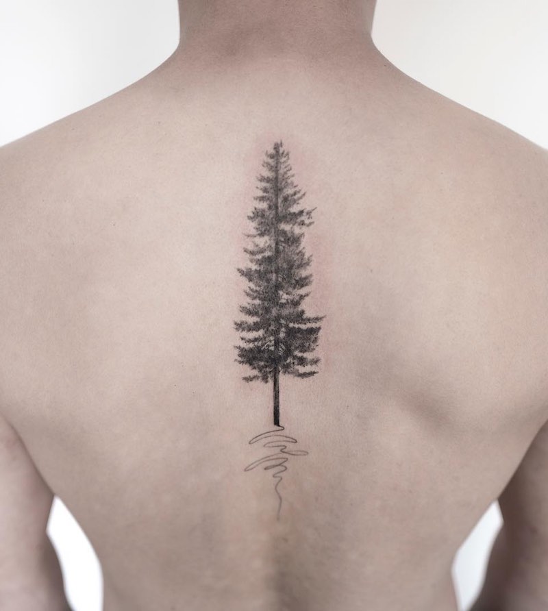 black pine tree tattoo on back